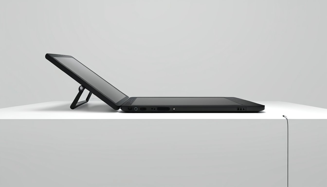 A tablet propped on a stand against a plain studio background
